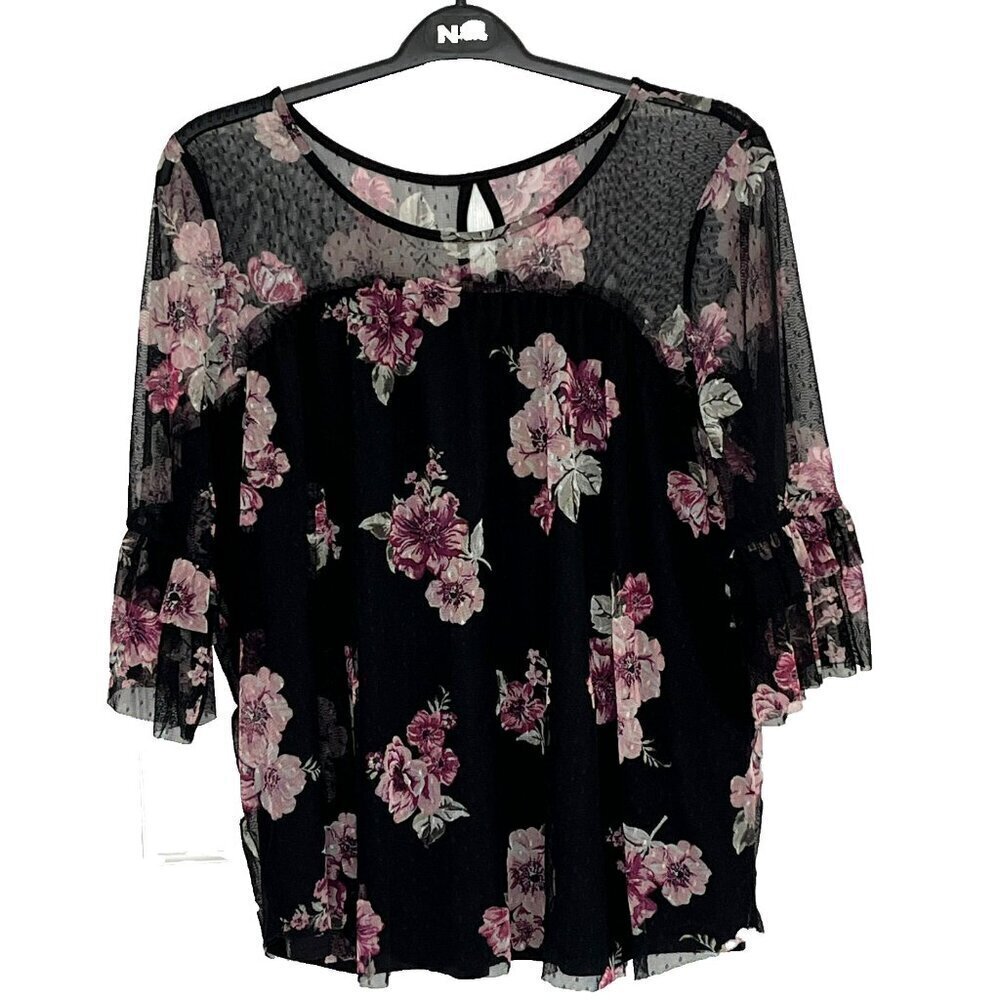 No Boundaries Top 2XL (19) Sheer Mesh Dark Floral Fairy Grunge Bell Sleeve